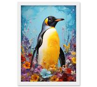 Wall Art Print King Penguin in Colourful Floral Flowers Nest Thick Paint Oil Painting Yellow Black Blue Colourful Artwork Framed A4 Artery8 White A4