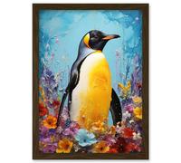 Wall Art Print King Penguin in Colourful Floral Flowers Nest Thick Paint Oil Painting Yellow Black Blue Colourful Artwork Framed A4 Artery8 Brown A4