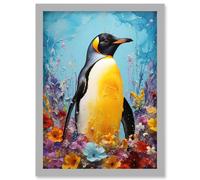 Wall Art Print King Penguin in Colourful Floral Flowers Nest Thick Paint Oil Painting Yellow Black Blue Colourful Artwork Framed A4 Artery8 Grey A4