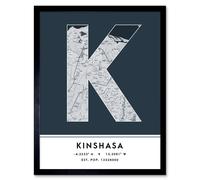 Wall Art Print Kinshasa DR Congo City Map Modern Typography Stylish Letter Framed Word Wee Blue Coo Navy W12 inch x H16 inch