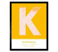 Wall Art Print Kinshasa DR Congo City Map Modern Typography Stylish Letter Framed Word Wee Blue Coo Yellow W12 inch x H16 inch