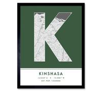 Wall Art Print Kinshasa DR Congo City Map Modern Typography Stylish Letter Framed Word Wee Blue Coo Green W12 inch x H16 inch