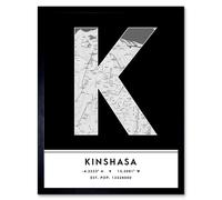Wall Art Print Kinshasa DR Congo City Map Modern Typography Stylish Letter Framed Word Wee Blue Coo Black W12 inch x H16 inch