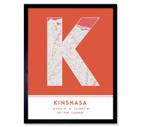 Wall Art Print Kinshasa DR Congo City Map Modern Typography Stylish Letter Framed Word Wee Blue Coo Orange W12 inch x H16 inch