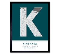 Wall Art Print Kinshasa DR Congo City Map Modern Typography Stylish Letter Framed Word Wee Blue Coo Teal W12 inch x H16 inch