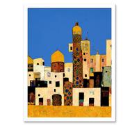 Wall Art Print Klimt Style Moroccan Cityscape Blue Gold Art Framed Artery8 White W12 inch x H16 inch