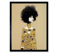 Wall Art Print Klimt Style Retro Boho Afro Hair Abstract Gold Dress Art Framed Artery8 Black W12 inch x H16 inch
