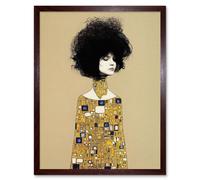 Wall Art Print Klimt Style Retro Boho Afro Hair Abstract Gold Dress Art Framed Artery8 Brown W12 inch x H16 inch