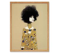 Wall Art Print Klimt Style Retro Boho Afro Hair Abstract Gold Dress Art Framed Artery8 Light Oak W12 inch x H16 inch