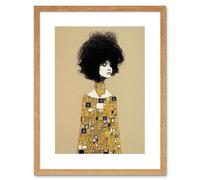 Wall Art Print Klimt Style Retro Boho Afro Hair Abstract Gold Dress Artwork Framed 9X7 Inch Artery8 Beige W7 inch x H9 inch