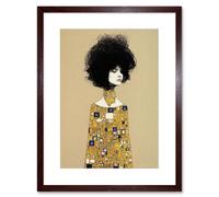 Wall Art Print Klimt Style Retro Boho Afro Hair Abstract Gold Dress Artwork Framed 9X7 Inch Artery8 Brown W7 inch x H9 inch