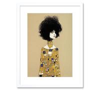 Wall Art Print Klimt Style Retro Boho Afro Hair Abstract Gold Dress Artwork Framed 9X7 Inch Artery8 White W7 inch x H9 inch
