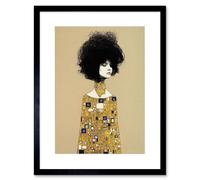 Wall Art Print Klimt Style Retro Boho Afro Hair Abstract Gold Dress Artwork Framed 9X7 Inch Artery8 Black W7 inch x H9 inch