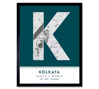 Wall Art Print Kolkata India City Map Modern Typography Stylish Letter Framed Word Wee Blue Coo Teal W12 inch x H16 inch