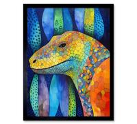 Wall Art Print Komodo Dragon Vibrant Folk Art Watercolour Painting Art Framed Artery8 Black W12 inch x H16 inch