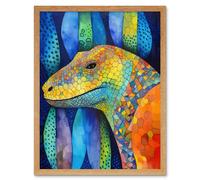 Wall Art Print Komodo Dragon Vibrant Folk Art Watercolour Painting Art Framed Artery8 Light Oak W12 inch x H16 inch