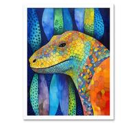 Wall Art Print Komodo Dragon Vibrant Folk Art Watercolour Painting Art Framed Artery8 White W12 inch x H16 inch