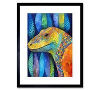 Wall Art Print Komodo Dragon Vibrant Folk Art Watercolour Painting Artwork Framed 9X7 Inch Artery8 Black W7 inch x H9 inch