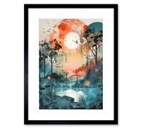 Wall Art Print Lakeside Forest Landscape Peaceful Sunrise Morning Modern Watercolour Painting Artwork Framed 9X7 Inch Artery8 Black W7 inch x H9 inch