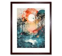 Wall Art Print Lakeside Forest Landscape Peaceful Sunrise Morning Modern Watercolour Painting Artwork Framed 9X7 Inch Artery8 Brown W7 inch x H9 inch