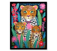 Artery8 Leopard Family Vibrant Oil Painting Orange Pink Green Floral Jungle Wildlife Kids Bedroom Artwork Framed Wall Art Print A4