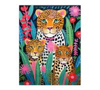 Artery8 Leopard Family Vibrant Oil Painting Orange Pink Green Floral Jungle Wildlife Kids Bedroom Large Wall Art Poster Print Thick Paper 18X24 Inch