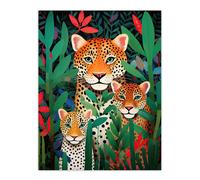 Wall Art Print Leopard Family Wildlife Portrait Oil Painting Orange Red Green Jungle Landscape Kids Bedroom Poster Artery8 Green W24 inch x H32 inch