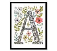 Wall Art Print Letter A in Wildflowers Ornate Pencil Drawing Floral Word Art Framed Artery8 Multi W12 inch x H16 inch