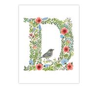 Wall Art Print Letter D in Flowers with Bird Garden Watercolour Floral Word Art For Her Poster Artery8 Multi W24 inch x H32 inch