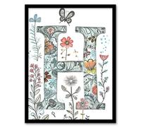 Wall Art Print Letter H Wildflower Garden Watercolour Butterfly Floral Word Art Framed Artery8 Multi A4