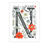 Wall Art Print Letter N in Poppies Wildflowers Pen Drawing Floral Word Art For Her Poster Artery8 Multi W24 inch x H32 inch