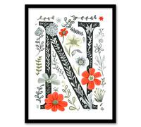 Wall Art Print Letter N in Poppies Wildflowers Pen Drawing Floral Word Art Framed Artery8 Multi W12 inch x H16 inch