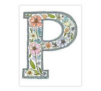 Wall Art Print Letter P in Flowers Pencil Drawing Spring Bouquet Floral Word Art For Her Poster Artery8 Multi W24 inch x H32 inch