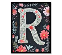 Wall Art Print Letter R in Red Flowers Watercolour Bold Leaves Floral Word Art Framed Artery8 Multi A4