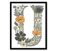 Wall Art Print Letter U in Wildflowers Line Drawing Red Delicate Floral Word Art Framed Artery8 Multi A4