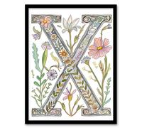 Wall Art Print Letter X in Watercolour Wildflower Garden Rustic Floral Word Art Framed Artery8 Multi A4