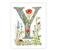 Wall Art Print Letter Y in Watercolour and Pencil Poppy Garden Floral Word Art For Her Poster Artery8 Multi W24 inch x H32 inch