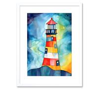 Wall Art Print Lighthouse At Night Folk Art Watercolour Painting Artwork Framed 9X7 Inch Artery8 White W7 inch x H9 inch