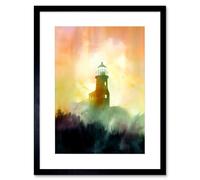 Wall Art Print Lighthouse in the Fog Watercolour Painting Soft Atmospheric Light Coastal Landscape Artwork Framed 9X7 Inch Artery8 Black W7 inch x H9 inch