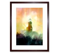 Wall Art Print Lighthouse in the Fog Watercolour Painting Soft Atmospheric Light Coastal Landscape Artwork Framed 9X7 Inch Artery8 Brown W7 inch x H9 inch