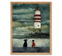 Wall Art Print Lighthouse Keeper's Dog Quirky Grunge Art Framed Artery8 Light Oak W12 inch x H16 inch