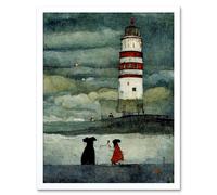 Wall Art Print Lighthouse Keeper's Dog Quirky Grunge Art Framed Artery8 White W12 inch x H16 inch