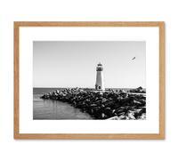 Wall Art Print Lighthouse Rocks Ocean BW Living Room Home Framed Artery8 Beige W7 inch x H9 inch