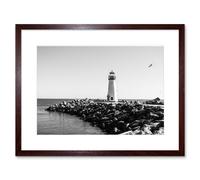 Wall Art Print Lighthouse Rocks Ocean BW Living Room Home Framed Artery8 Brown W7 inch x H9 inch