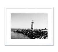 Wall Art Print Lighthouse Rocks Ocean BW Living Room Home Framed Artery8 White W7 inch x H9 inch