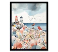 Wall Art Print Lighthouses On Multicoloured Pebble Beach Watercolour Painting Art Framed Artery8 Black W12 inch x H16 inch