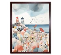 Wall Art Print Lighthouses On Multicoloured Pebble Beach Watercolour Painting Art Framed Artery8 Brown W12 inch x H16 inch