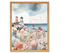 Wall Art Print Lighthouses On Multicoloured Pebble Beach Watercolour Painting Art Framed Artery8 Light Oak W12 inch x H16 inch