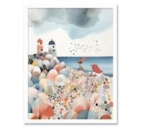 Wall Art Print Lighthouses On Multicoloured Pebble Beach Watercolour Painting Art Framed Artery8 White W12 inch x H16 inch