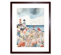Wall Art Print Lighthouses On Multicoloured Pebble Beach Watercolour Painting Artwork Framed 9X7 Inch Artery8 Brown W7 inch x H9 inch